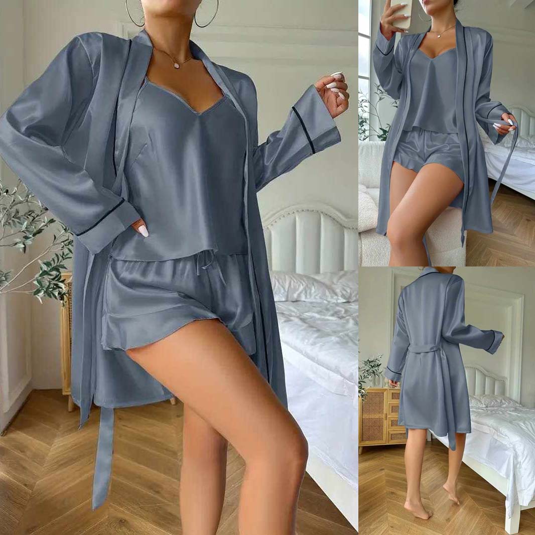 Imported Gown Style 3-Pcs Silk Nightsuit. (Gown-Inner-Short)