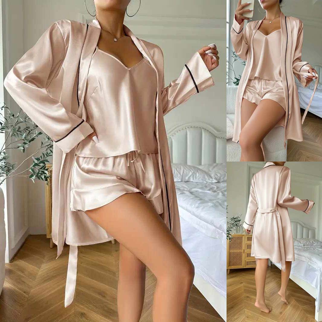 Imported Gown Style 3-Pcs Silk Nightsuit. (Gown-Inner-Short)