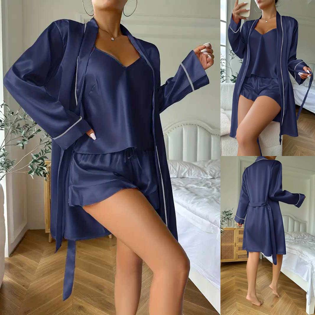 Imported Gown Style 3-Pcs Silk Nightsuit. (Gown-Inner-Short)