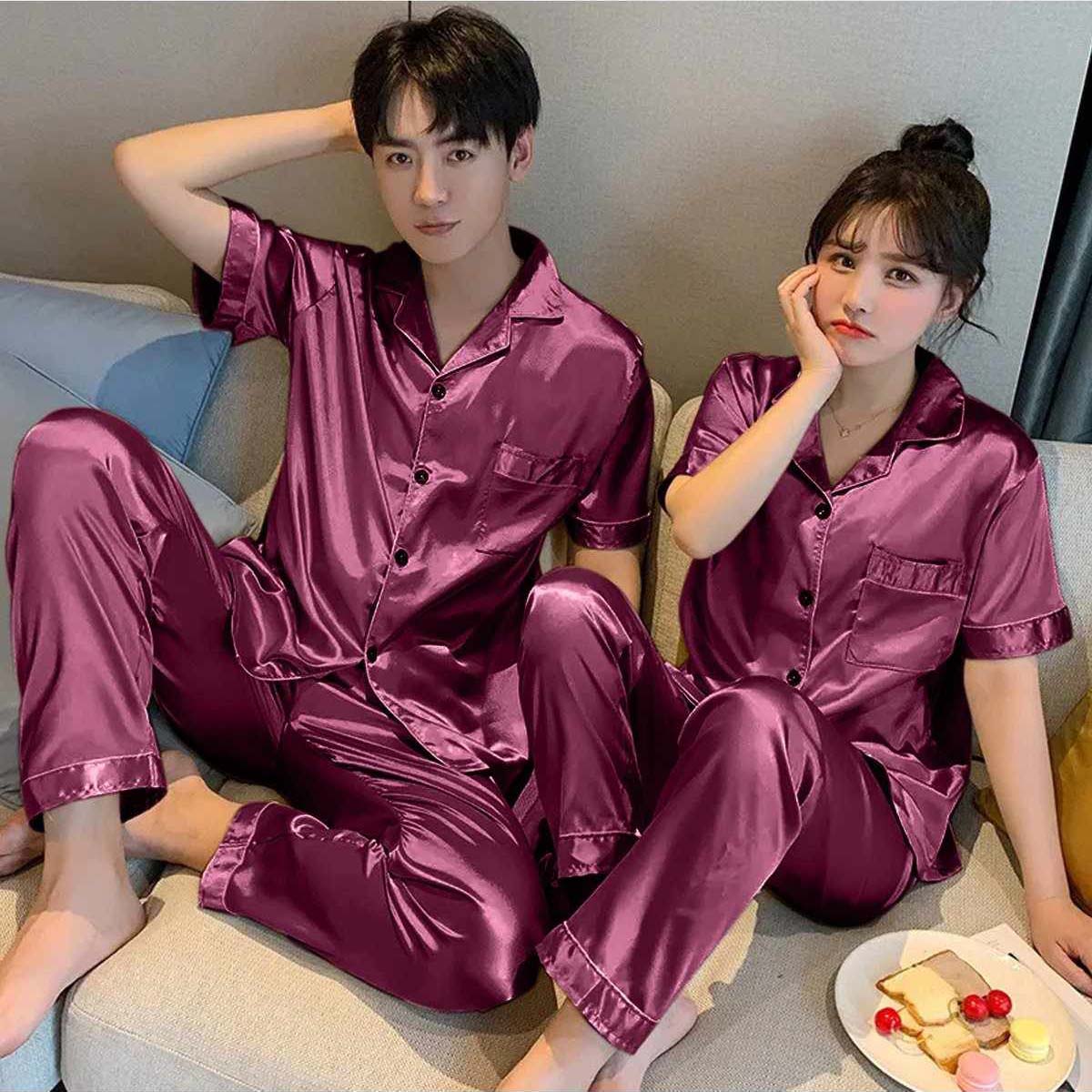 Imported Regular Style Unisex 2-Pcs Silk Nightsuit. (H-Sleeve+Pajama)