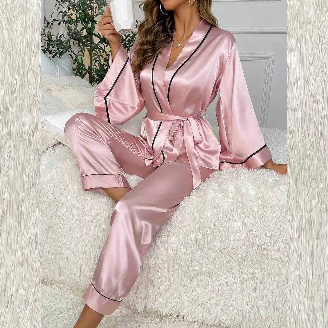 Imported Tipping-Gown Style 2-Pcs Silk Nightsuit. (Gown-Pajama)