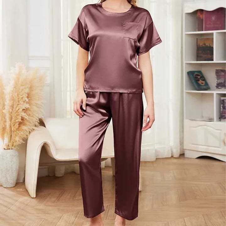 Imported Pocket Tshirt-Style 2-Pcs Silk Nightsuit. (Tshirt+Pajama)