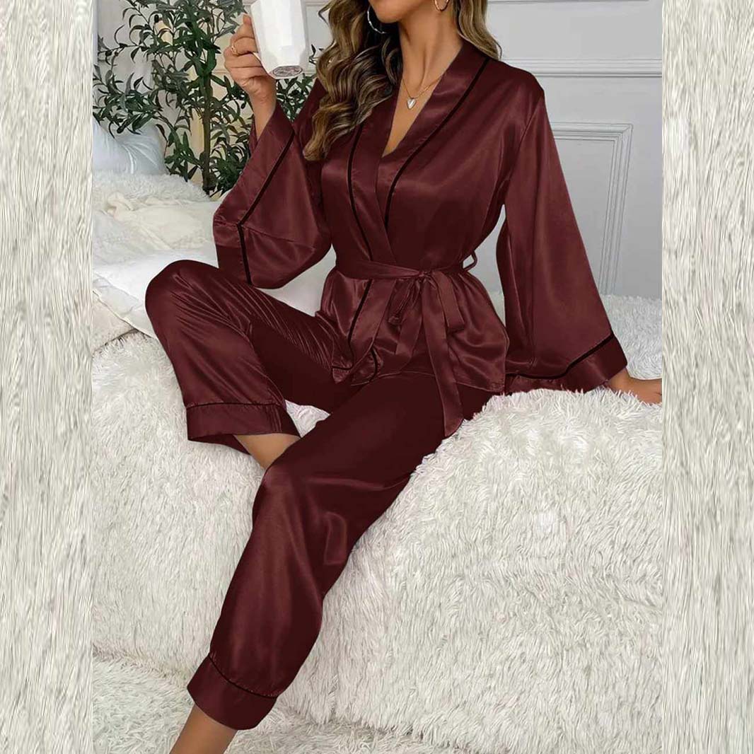 Imported Tipping-Gown Style 2-Pcs Silk Nightsuit. (Gown-Pajama)