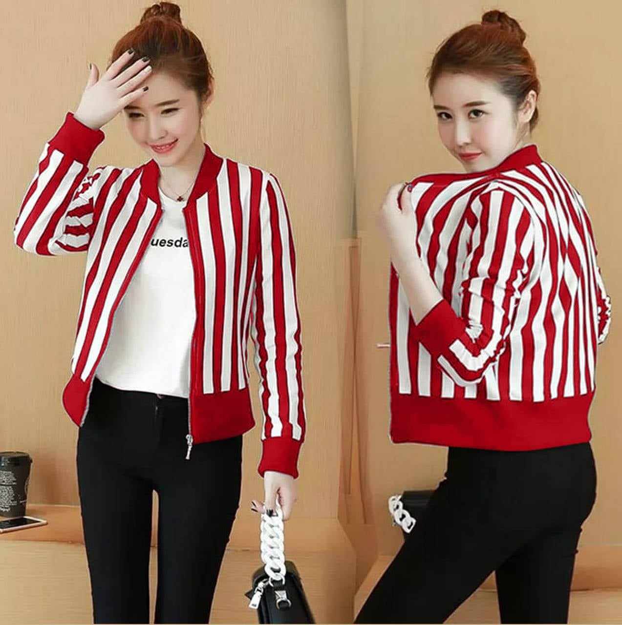 Korean Stripe Style Winter Zipper Jacket.