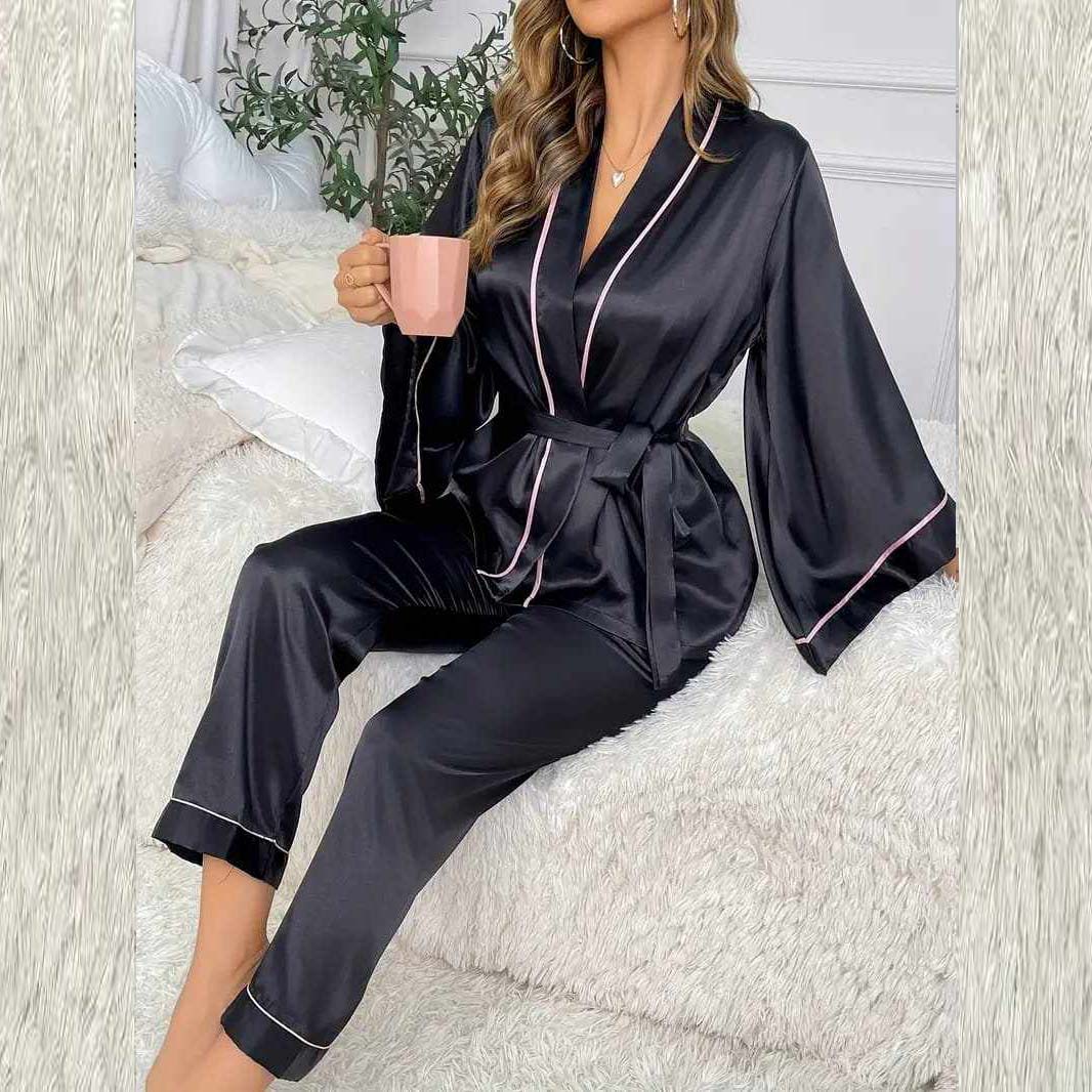 Imported Tipping-Gown Style 2-Pcs Silk Nightsuit. (Gown-Pajama)