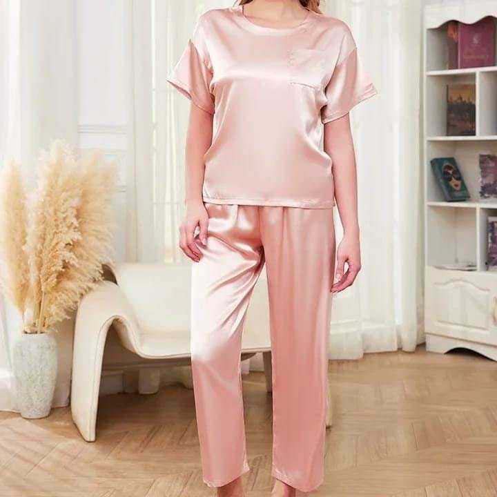 Imported Pocket Tshirt-Style 2-Pcs Silk Nightsuit. (Tshirt+Pajama)