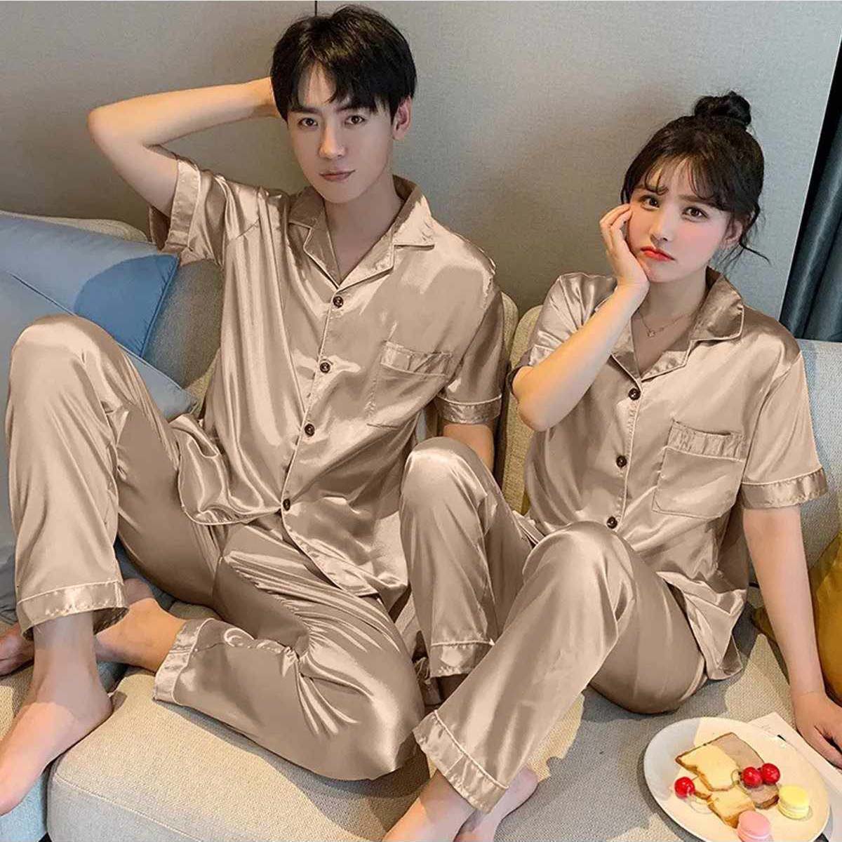 Imported Regular Style Unisex 2-Pcs Silk Nightsuit. (H-Sleeve+Pajama)