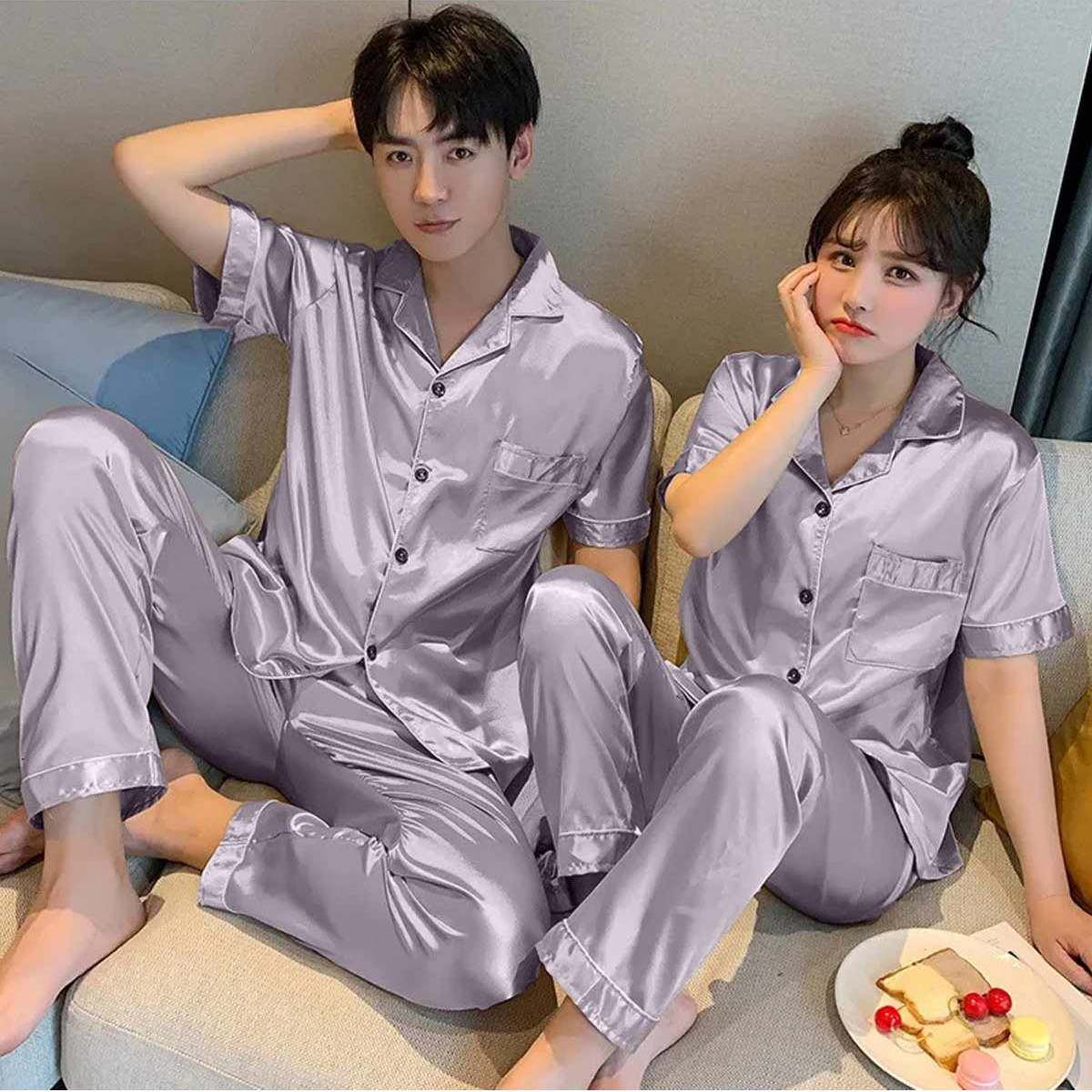 Imported Regular Style Unisex 2-Pcs Silk Nightsuit. (H-Sleeve+Pajama)