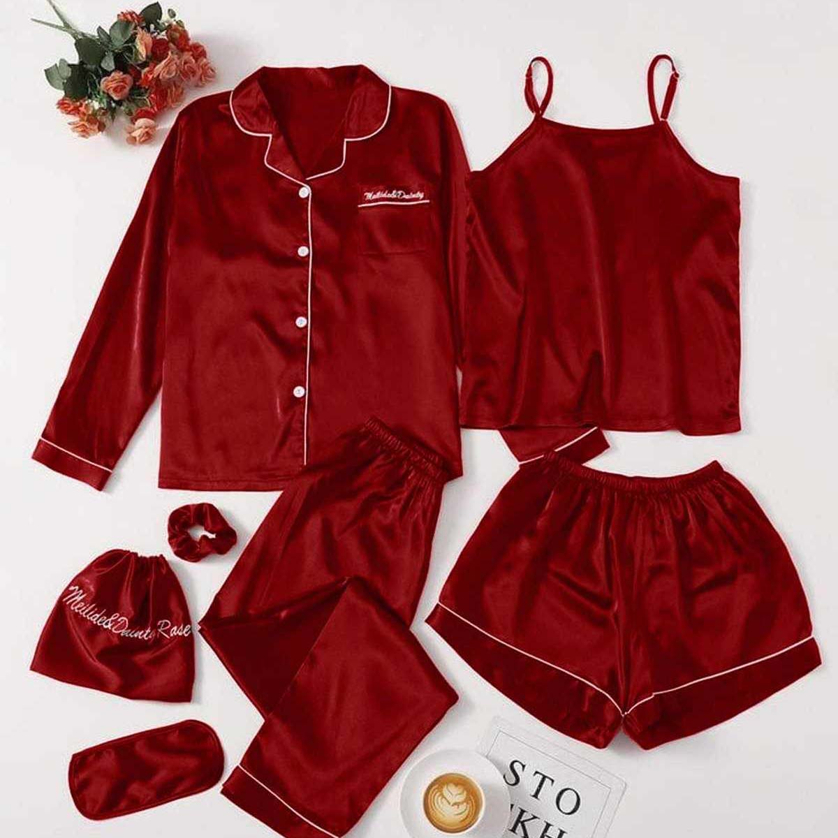Imported All-In-One Complete 7-Pcs Silk Nightsuit.
