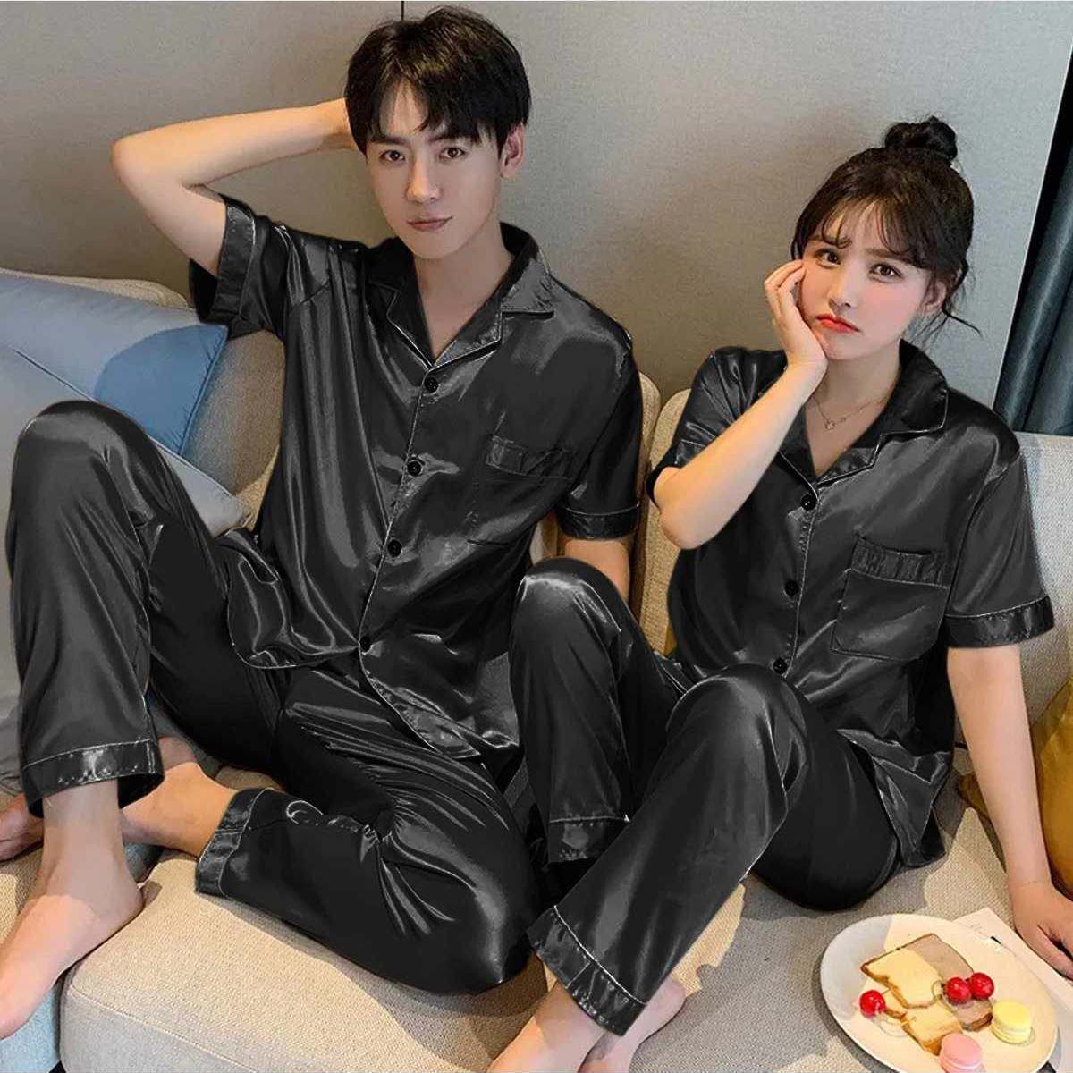 Imported Regular Style Unisex 2-Pcs Silk Nightsuit. (H-Sleeve+Pajama)