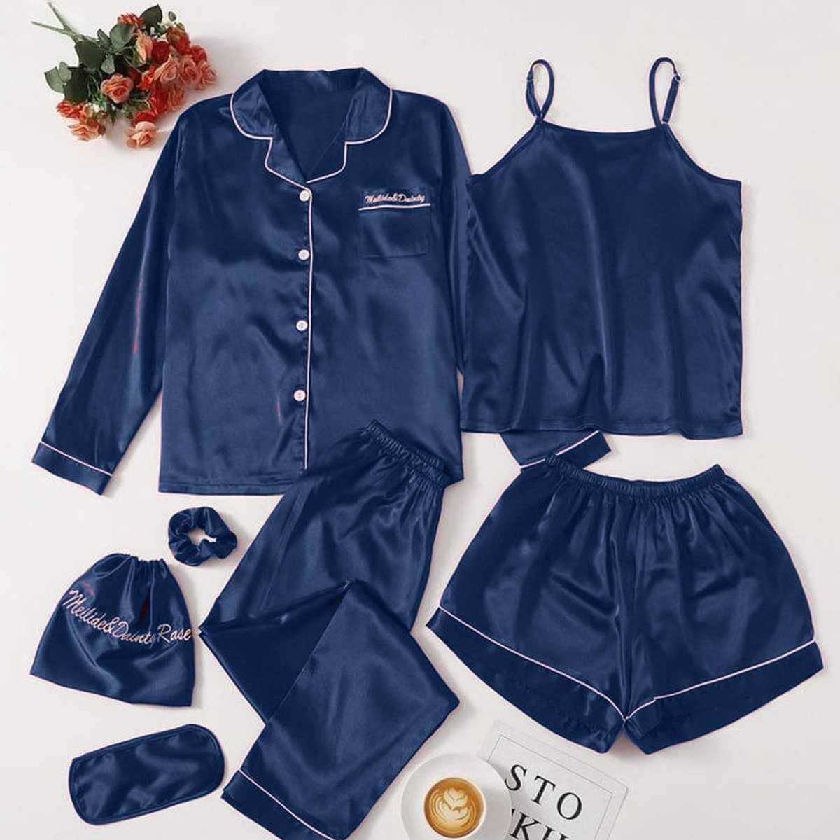 Imported All-In-One Complete 7-Pcs Silk Nightsuit.