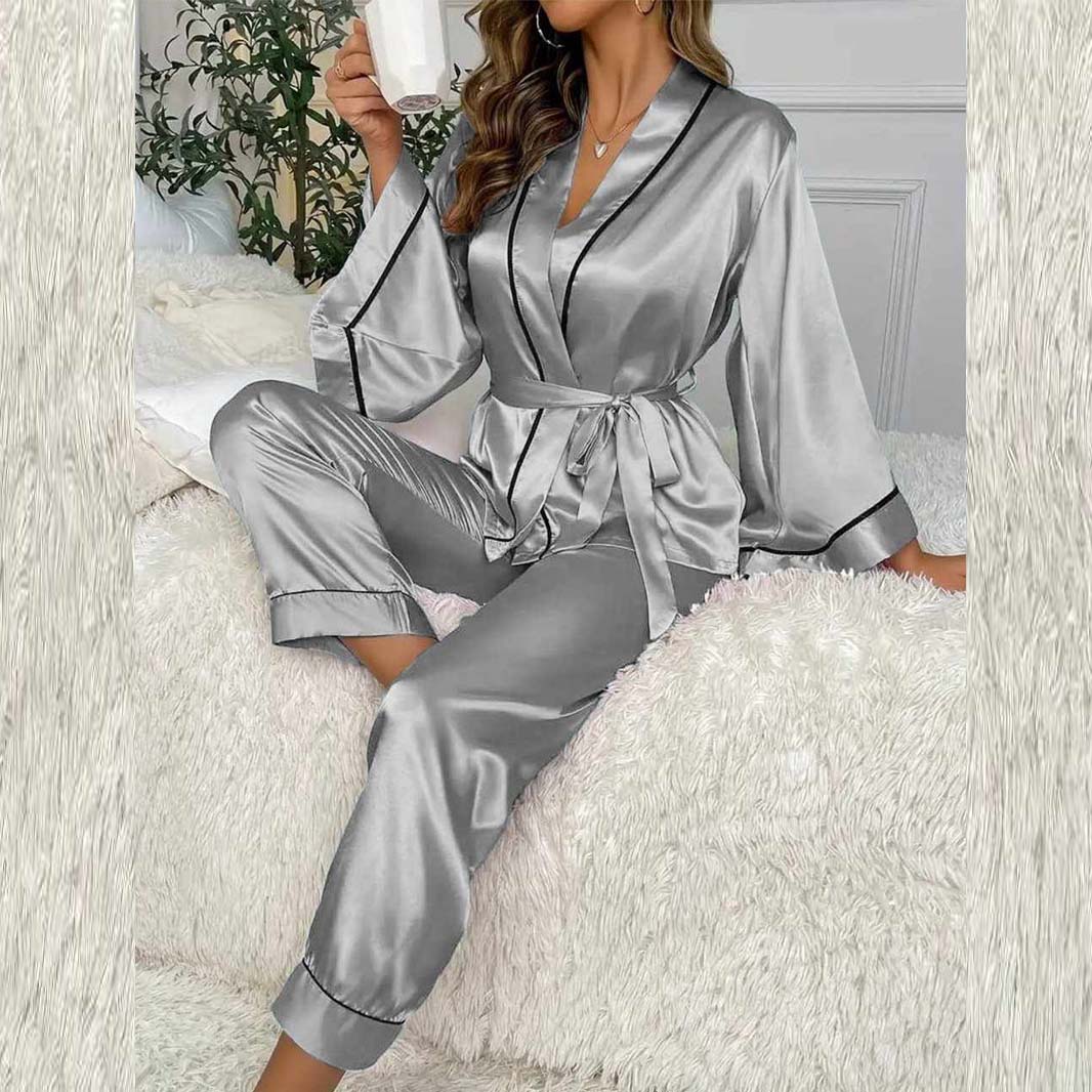 Imported Tipping-Gown Style 2-Pcs Silk Nightsuit. (Gown-Pajama)