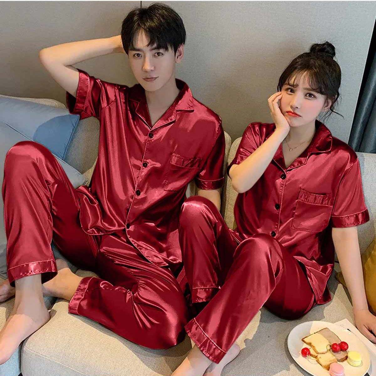 Imported Regular Style Unisex 2-Pcs Silk Nightsuit. (H-Sleeve+Pajama)