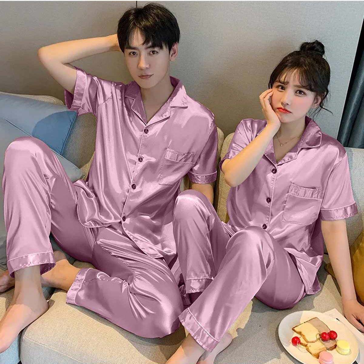 Imported Regular Style Unisex 2-Pcs Silk Nightsuit. (H-Sleeve+Pajama)