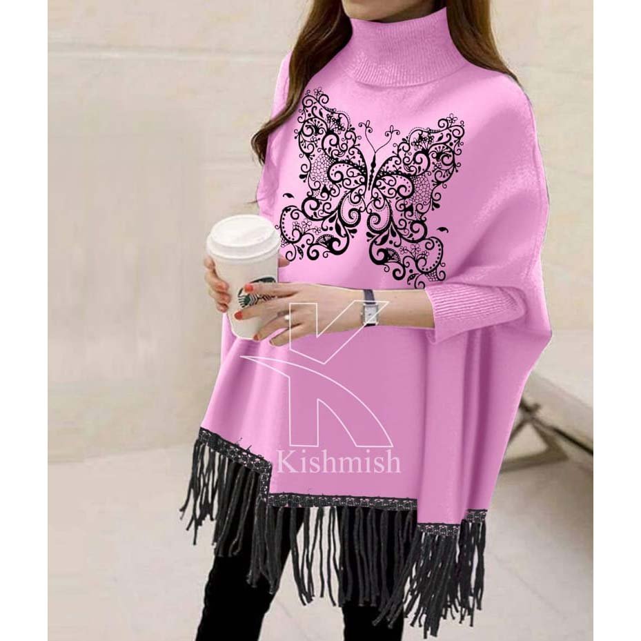 Butterfly Printed Bat-Wing Style Viscose Poncho.