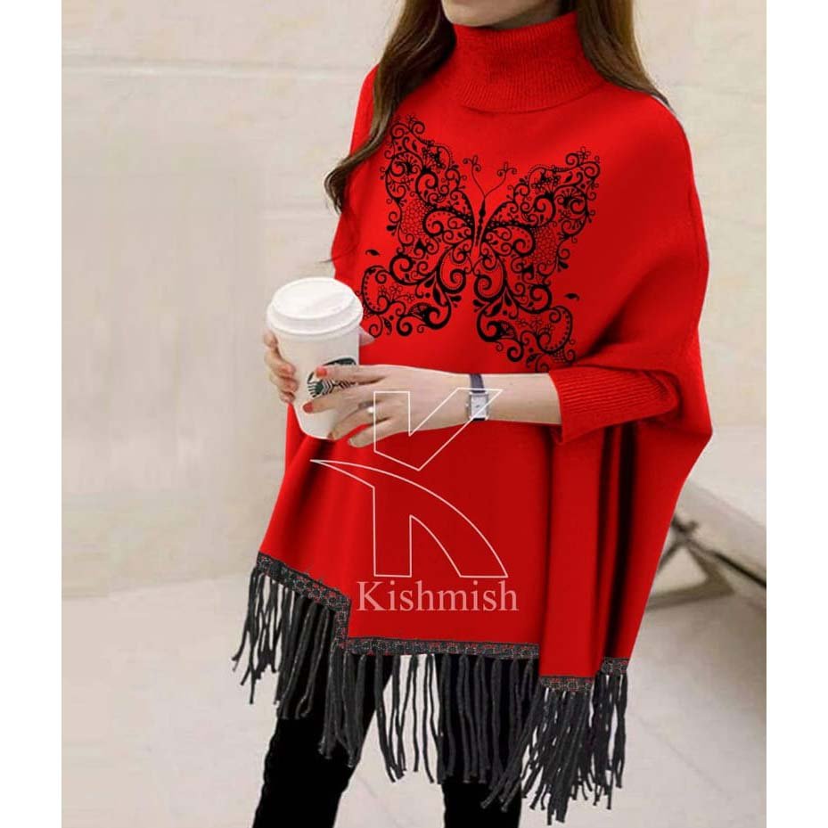 Butterfly Printed Bat-Wing Style Viscose Poncho.