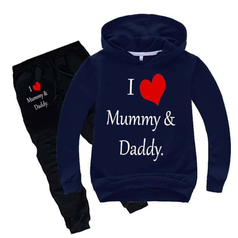 Kids I love Mummy and Daddy Printed Hoodie Style 2-Pcs Winter Track-Suit.