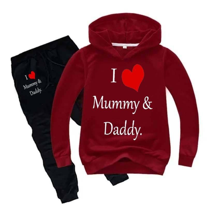 Kids I love Mummy and Daddy Printed Hoodie Style 2-Pcs Winter Track-Suit.