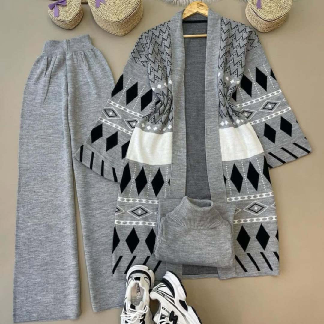 Long Printed Gown Style 3-Pcs Winter Co-Ord Suit. WWTS-27