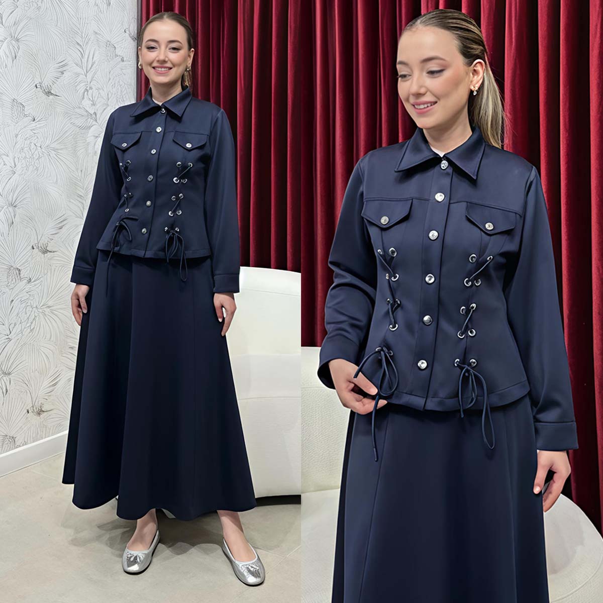 Flap-Ailet Short Jacket Skirt Style 2-Pcs Winter Co-Ord Set. WWTS-43