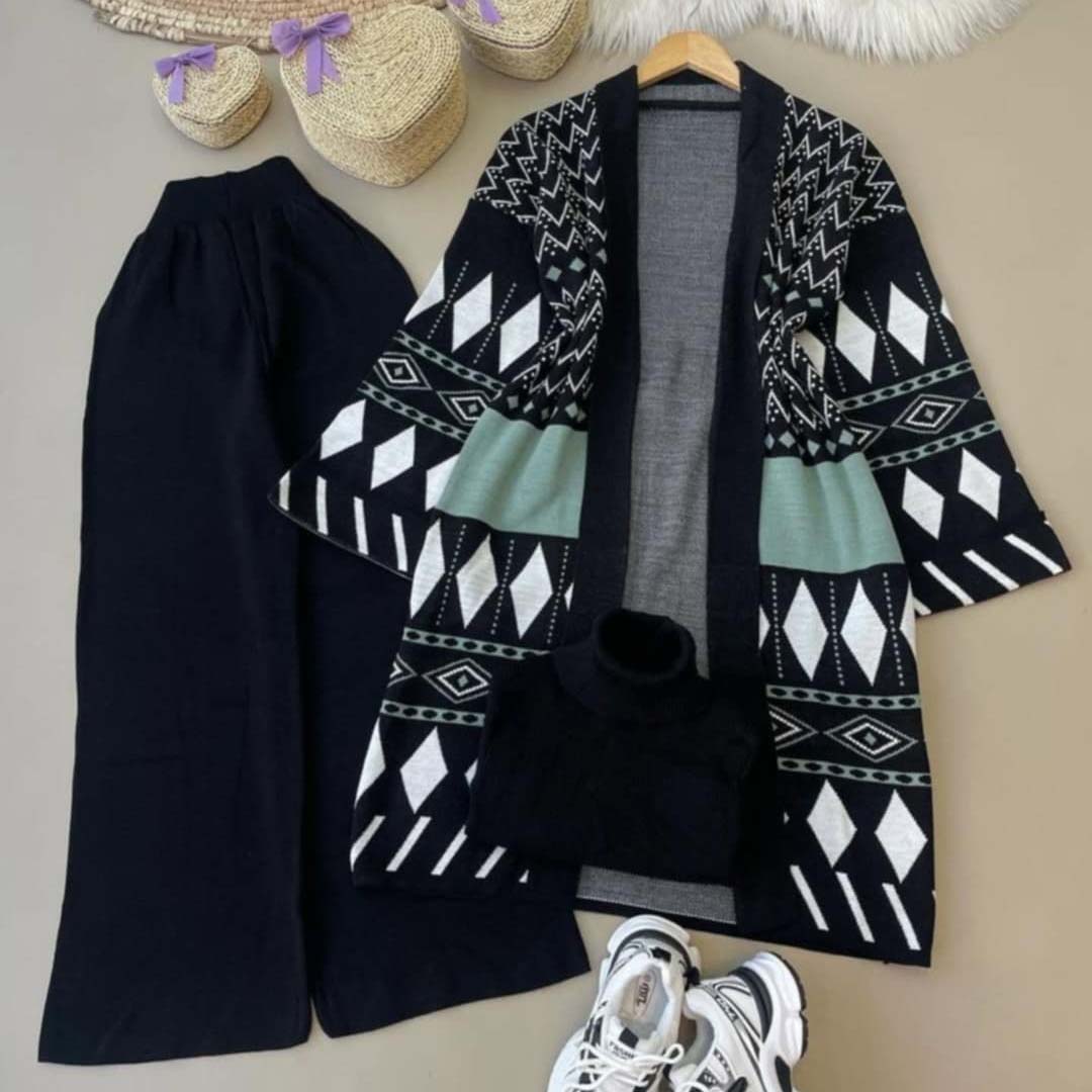 Long Printed Gown Style 3-Pcs Winter Co-Ord Suit. WWTS-27