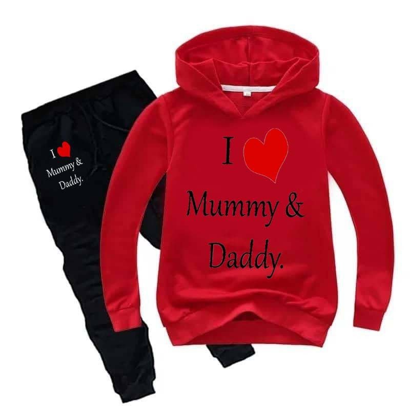 Kids I love Mummy and Daddy Printed Hoodie Style 2-Pcs Winter Track-Suit.