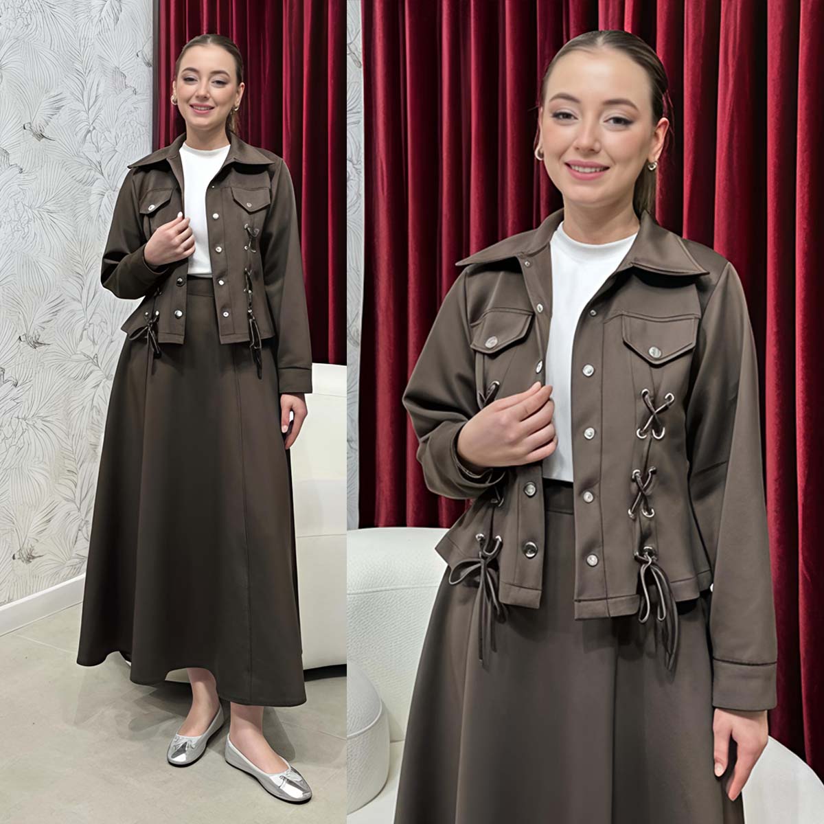 Flap-Ailet Short Jacket Skirt Style 2-Pcs Winter Co-Ord Set. WWTS-43