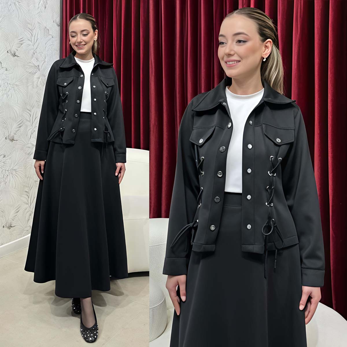 Flap-Ailet Short Jacket Skirt Style 2-Pcs Winter Co-Ord Set. WWTS-43