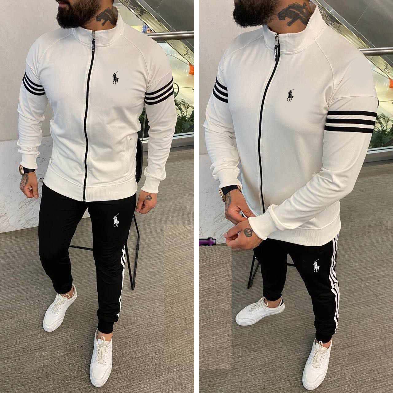 White & Black Stripe Jacket Style 2-Pcs Premium Quality Winter Tracksuit D-17.