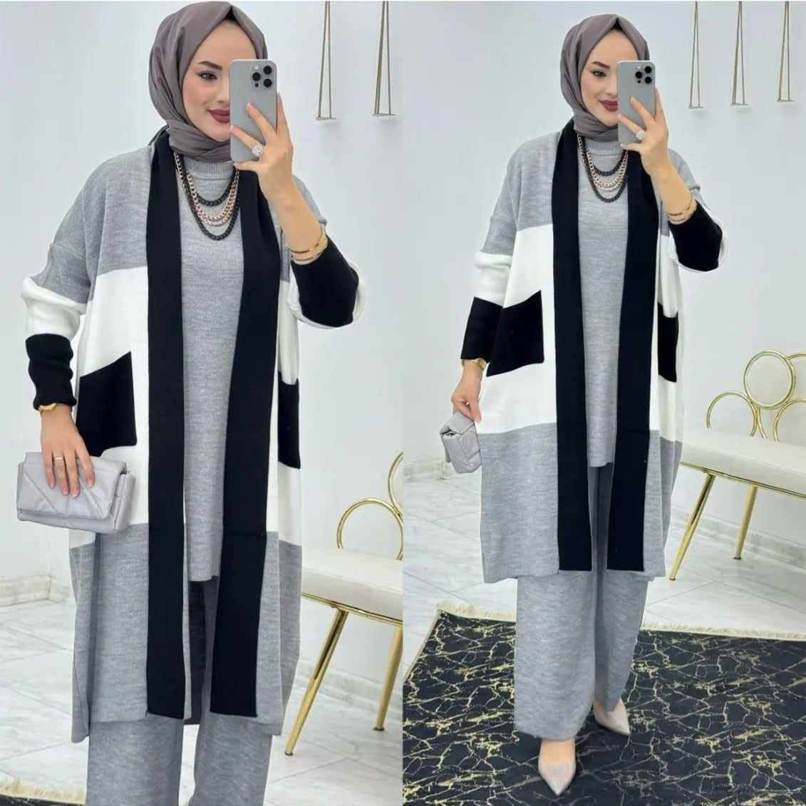 Turkish Patch-Work Gown Style 3-Pcs Winter Co-Ord Set. WWTS-11