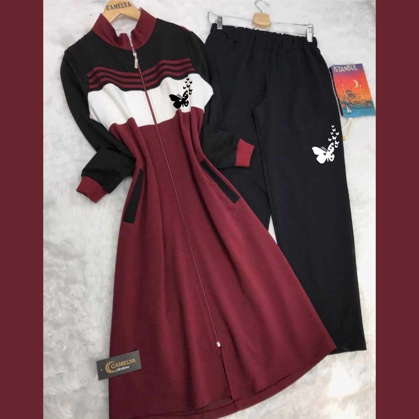 Butterfly Printed Long Front Stripe Style Patch-Work 2-Pcs Winter Zipper Co-Ord Set. WWTS-12