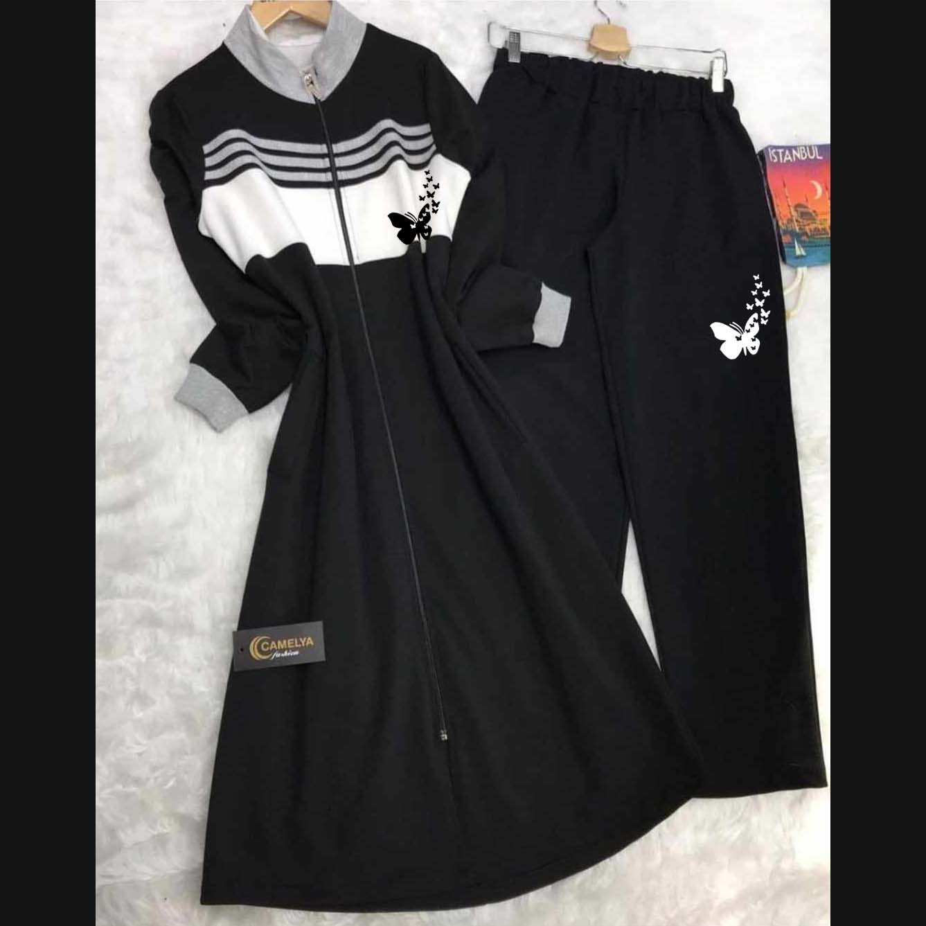 Butterfly Printed Long Front Stripe Style Patch-Work 2-Pcs Winter Zipper Co-Ord Set. WWTS-12